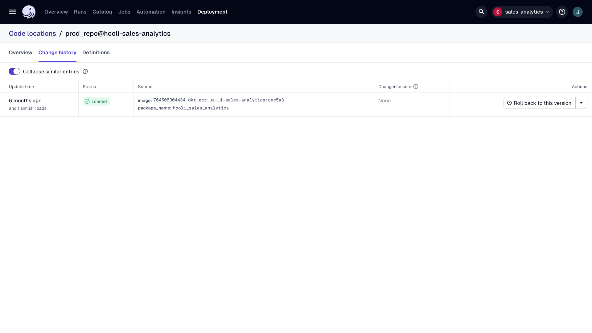 Screenshot highlighting the "Updated" column for a project/code location