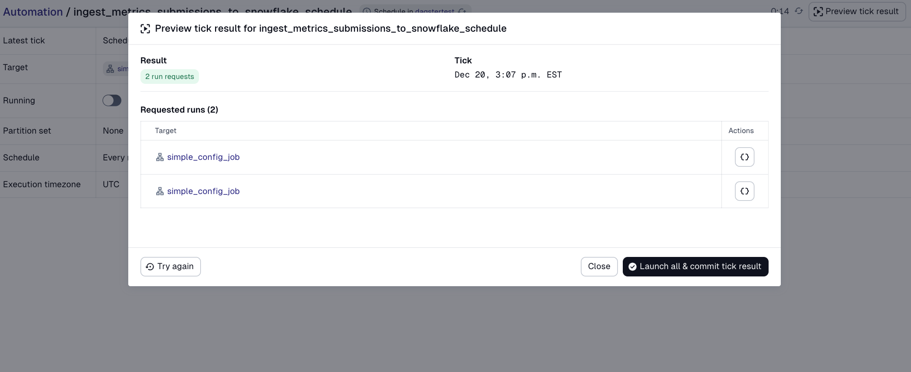 Results page after evaluating the schedule in the Dagster UI